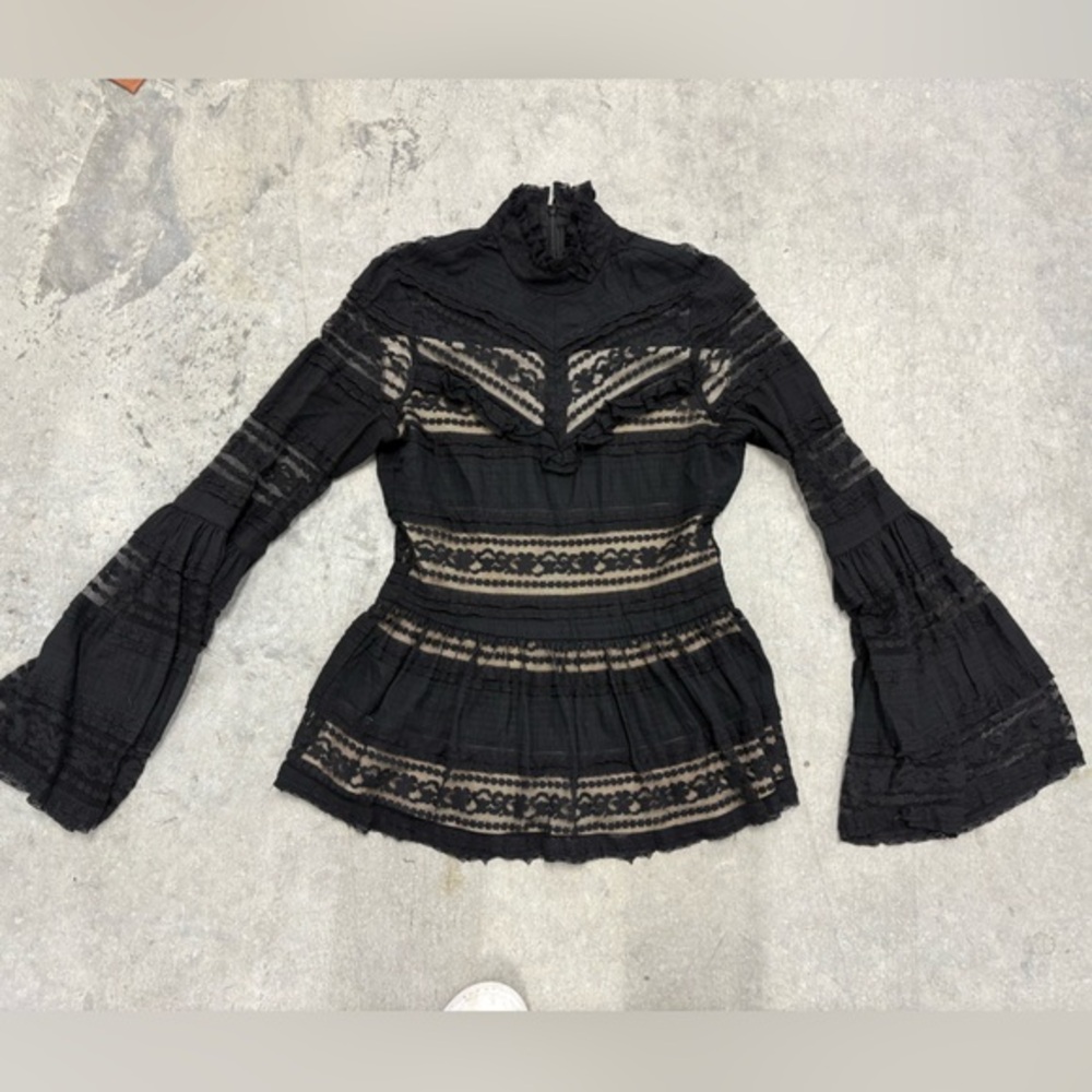 PARKER witchy Alexis style flare sleeve black high neck lace blouse XS